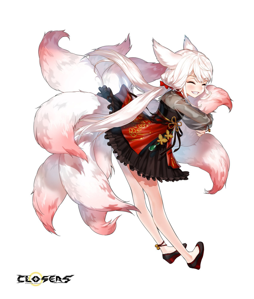 1girl animal_ears bare_legs black_dress black_footwear closed_eyes closers dress facing_viewer fox_ears fox_tail frilled_dress frills full_body grin highres kumiho leaning_forward long_hair long_sleeves low_twintails multiple_tails official_art see-through_sleeves seth_(closers) shoes smile solo tail tail_hug twintails very_long_hair white_hair