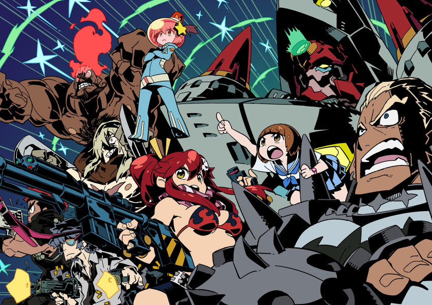 3girls 5boys anti-materiel_rifle arc_gurren-lagann bare_chest bikini_top black_shirt blonde_hair blue_background blue_eyes blue_skirt brown_eyes brown_hair casing_ejection commentary_request creator_connection crossed_arms fiery_hair firing gamagoori_ira grin gun highres himukai_yuuji holding holding_gun holding_weapon kill_la_kill kinagase_tsumugu long_hair lordgenome luluco mac-10 mankanshoku_mako mecha mikisugi_aikurou motion_lines multiple_boys multiple_girls muscle neckerchief open_mouth pleated_skirt pointing redhead rifle ringed_eyes sailor_collar sailor_shirt scar school_uniform serafuku sharp_teeth shell_casing shirt short_hair short_sleeves skirt smile sniper_rifle spacesuit sparkle submachine_gun sunglasses teeth tengen_toppa_gurren_lagann uchuu_patrol_luluco viral weapon white_shirt yellow_eyes yoko_littner