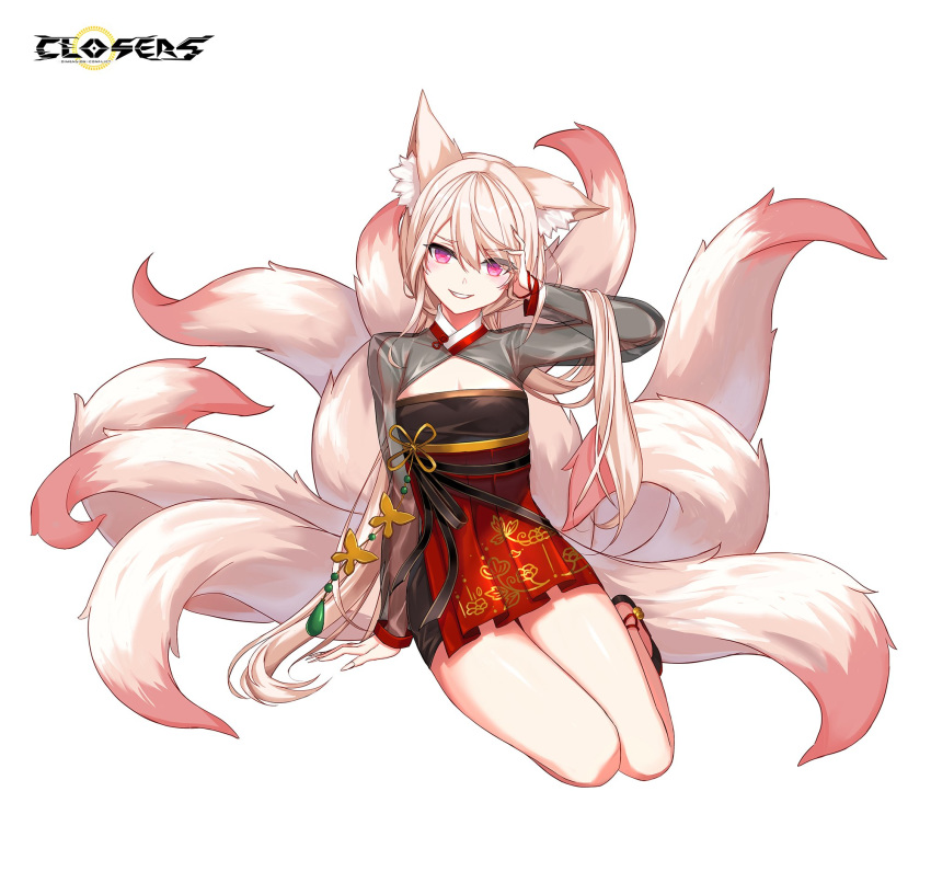 1girl animal_ear_fluff animal_ears arm_up blonde_hair closers dress fox_ears fox_tail grin highres kumiho long_hair long_sleeves looking_at_viewer luna_aegis_(closers) multiple_tails official_art pink_dress pink_eyes pink_ribbon ribbon see-through_sleeves sitting smile solo tail thighs very_long_hair