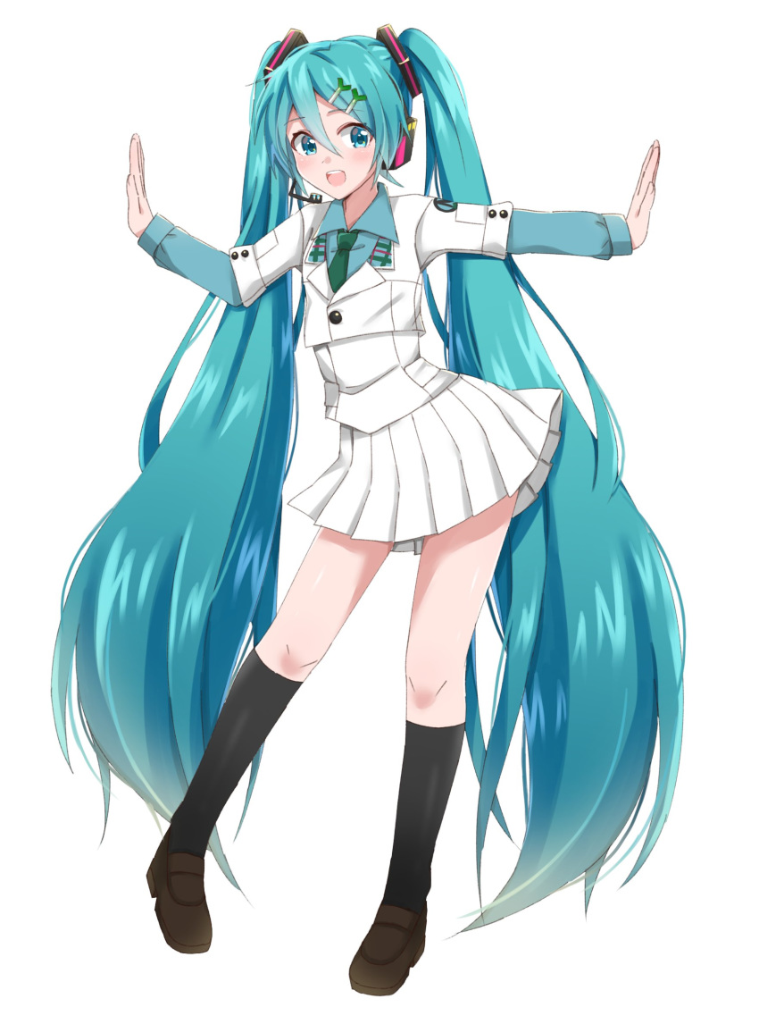 1girl aqua_eyes aqua_hair black_footwear black_legwear blue_shirt blue_sleeves commentary food_themed_hair_ornament full_body green_neckwear hair_ornament hatsune_miku headphones headset highres jacket kneehighs light_blush long_hair looking_at_viewer mary_janes miniskirt necktie open_mouth outstretched_arms pleated_skirt project_diva_(series) school_(module) school_uniform shirt shoes skirt smile solo spring_onion spring_onion_hair_ornament standing supo01 twintails very_long_hair vocaloid white_background white_jacket white_skirt white_uniform