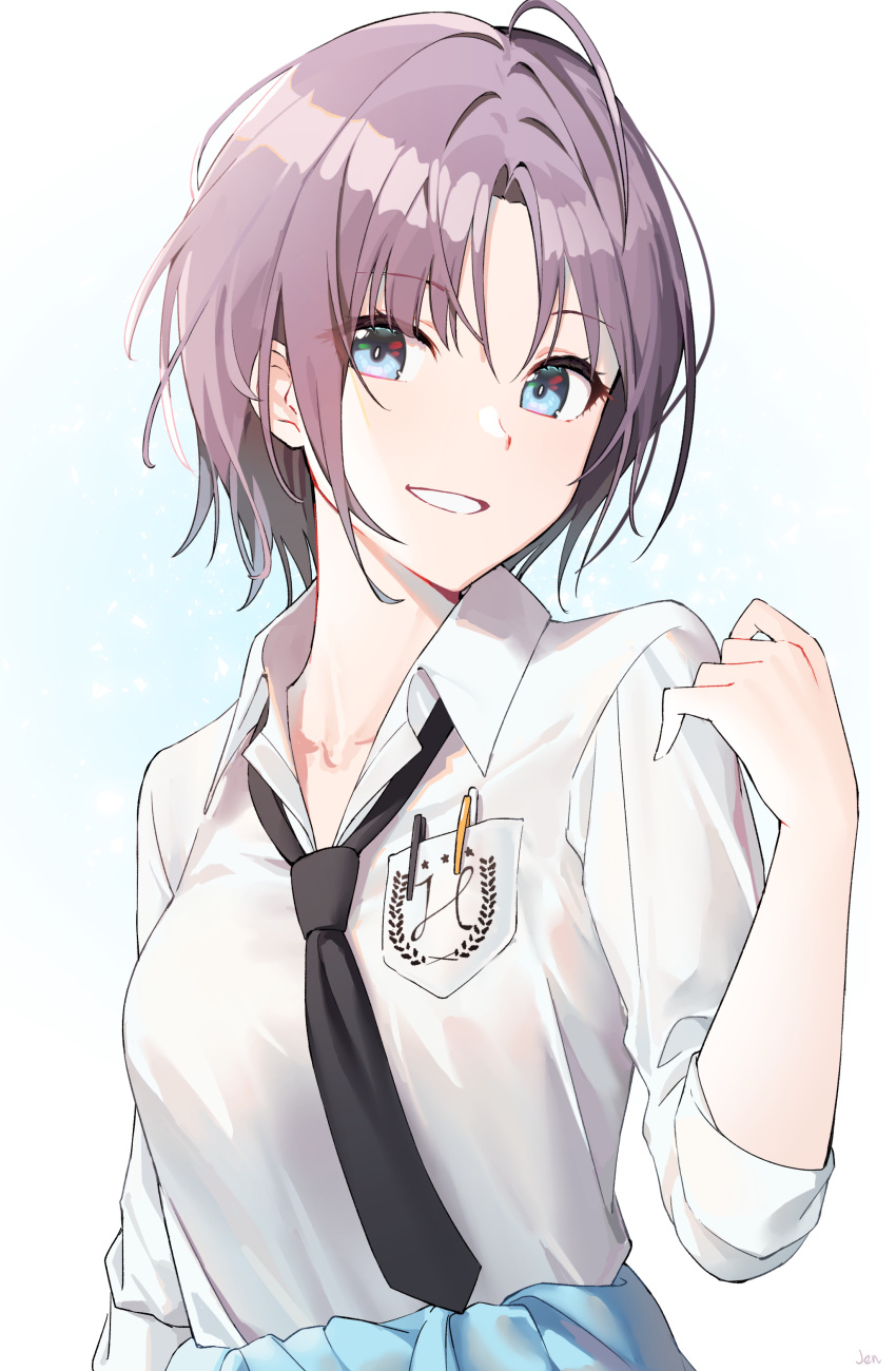 1girl absurdres ahoge arjent asakura_tooru bangs black_neckwear blue_background blue_eyes breast_pocket clothes_around_waist collarbone collared_shirt eyebrows_visible_through_hair gradient gradient_background hand_up highres idolmaster idolmaster_shiny_colors looking_at_viewer necktie parted_bangs parted_lips pen pocket purple_hair shirt short_hair sleeves_past_elbows smile solo upper_body wing_collar