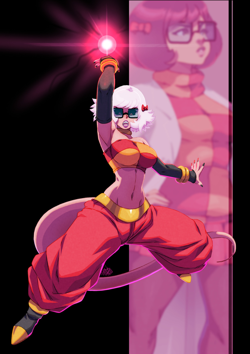 1girl android_21 arm_up armpits baggy_pants bare_shoulders black-framed_eyewear black_nails black_sclera black_sleeves breasts checkered detached_sleeves dragon_ball dragon_ball_fighterz energy_ball fusion glasses harem_pants highres impossible_clothes jewelry large_breasts long_tail majin_android_21 midriff navel neck_ring open_mouth pants pantyhose pink_hair pink_skin pointy_shoes red_eyes red_pants red_ribbon ribbon scooby-doo shoes short_hair signature solo strapless tail tovio_rogers tubetop velma_dace_dinkley