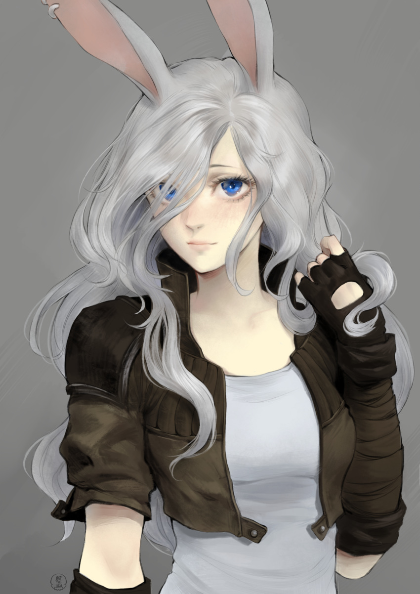 1girl animal_ears black_gloves blue_eyes blush borrowed_character commentary commission cropped_jacket detached_sleeves english_commentary eyelashes fingerless_gloves gloves hand_in_hair highres lips long_hair looking_at_viewer nat_the_lich nose original pale_skin rabbit_ears silver_hair simple_background solo wavy_hair