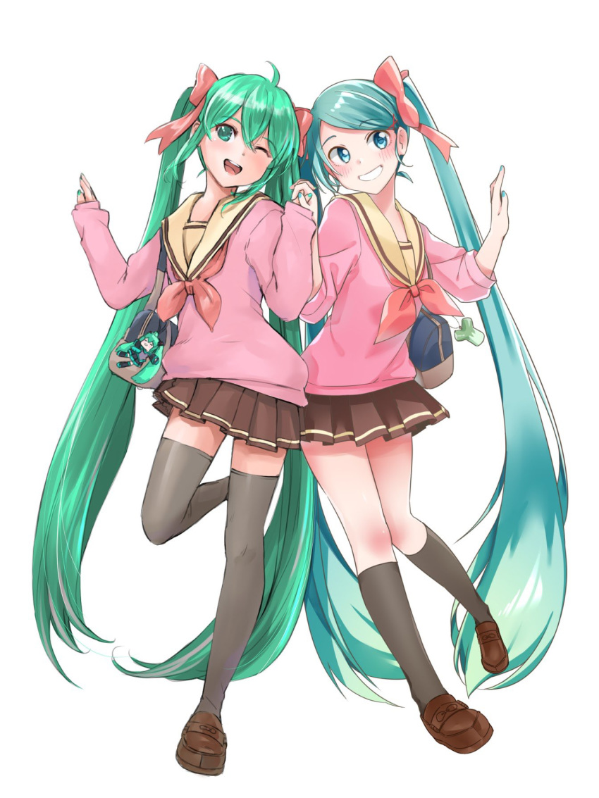 2girls agonasubi ahoge aqua_eyes aqua_hair aqua_nails bag black_legwear blush brown_skirt character_doll collaboration collar commentary dual_persona full_body grin hands_up hatsune_miku highres holding_hands kneehighs leg_up long_hair looking_at_viewer mary_janes matching_outfit mayo_riyo md5_mismatch miniskirt multiple_girls neckerchief one_eye_closed open_mouth pink_shirt pleated_skirt red_neckwear sailor_collar school_uniform serafuku shirt shoes shoulder_bag side-by-side skirt smile spring_onion thigh-highs very_long_hair vocaloid white_background white_collar