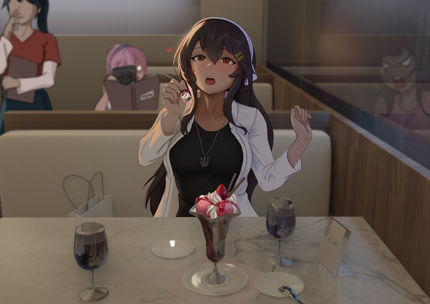 4girls against_glass anchor_necklace aoba_(kantai_collection) bag black_blouse black_hair blouse blue_skirt blush breasts brown_hair camera coffee_table commentary_request couch cup double_bun drinking_glass echt evil eyebrows_visible_through_hair food hair_between_eyes hair_ornament hair_ribbon hairband hairclip haruna_(kantai_collection) headband heart holding holding_spoon houshou_(kantai_collection) ice_cream indoors jacket kantai_collection kongou_(kantai_collection) large_breasts long_hair long_sleeves looking_at_viewer multiple_girls open_mouth paparazzi pink_hair pink_shirt plate ponytail red_eyes reflection ribbon scrunchie shirt shopping_bag sitting skirt smile spoon table white_headband white_jacket white_shirt wine_glass