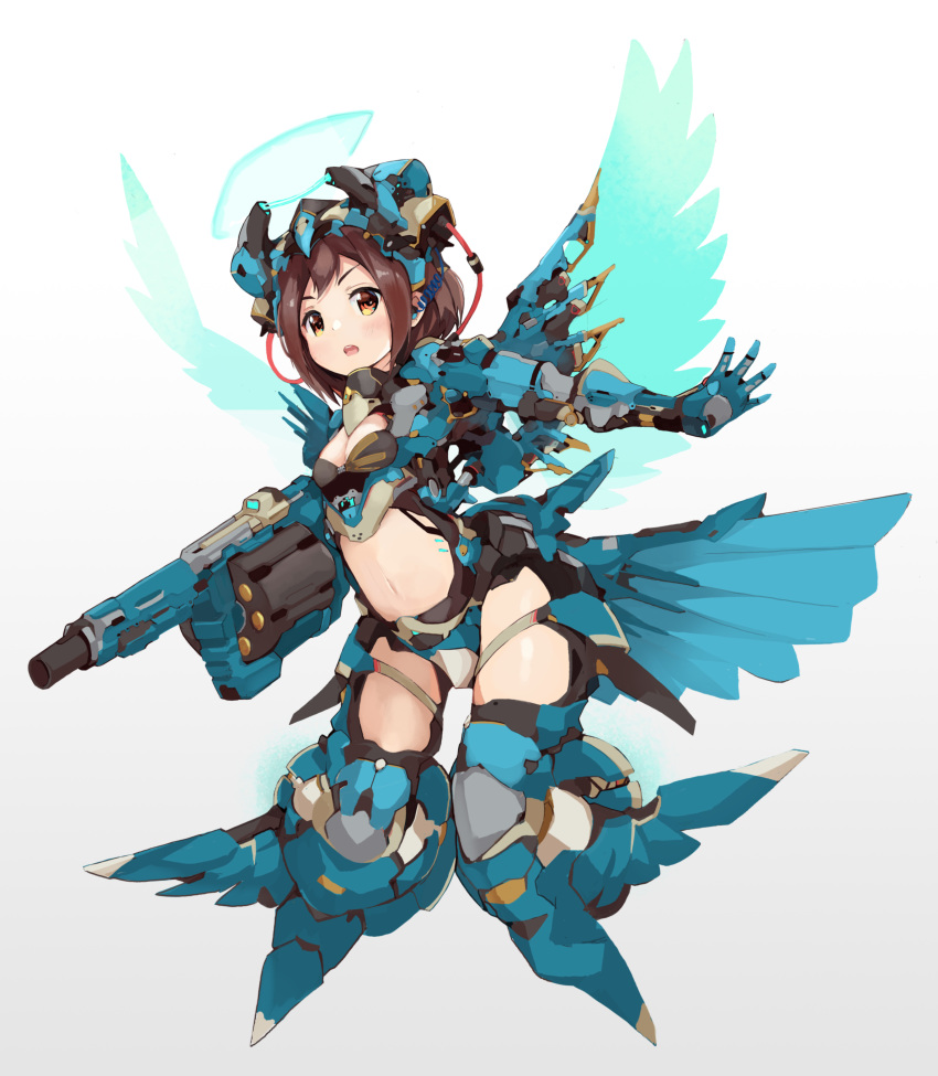 1girl absurdres bangs black_leotard blue_gloves blue_wings breasts brown_eyes brown_hair center_opening commentary_request copyright_request full_body gloves glowing gradient gradient_background grenade_launcher grey_background headgear highres leotard mecha_musume navel open_mouth outstretched_arm piliheros2000 small_breasts solo upper_teeth v-shaped_eyebrows weapon white_background wings