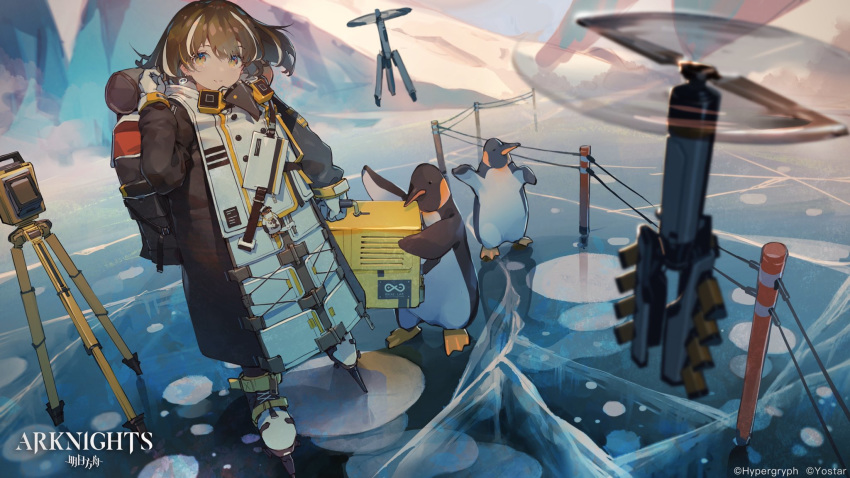1girl aamond arknights armor backpack bag bird blush brown_eyes brown_hair closed_mouth company_name copyright_name gloves highres long_sleeves looking_at_viewer magallan_(arknights) medium_hair multicolored_hair official_art outdoors penguin smile solo standing white_gloves white_hair