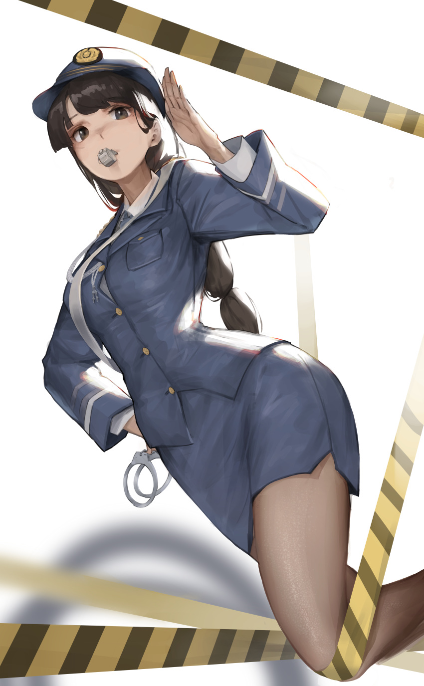 1girl absurdres bangs black_hair blush breast_pocket breasts brown_eyes brown_legwear commentary cuffs handcuffs hat highres long_hair long_sleeves miniskirt mole mole_under_eye mouth_hold nimu_(099) original pantyhose pocket police police_hat police_uniform policewoman salute skirt solo uniform whistle