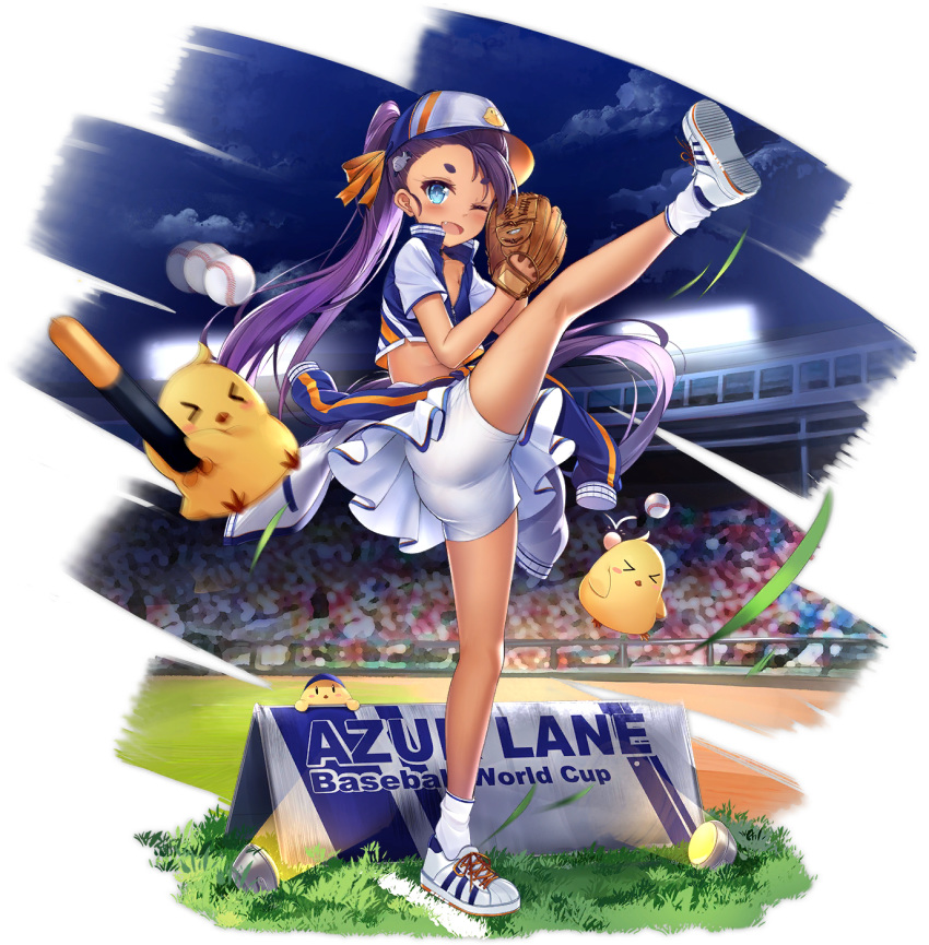 1girl ass azur_lane baseball baseball_cap baseball_mitt baseball_stadium bird blue_eyes bluegill_(azur_lane) bluegill_(up-and-coming_infielder)_(azur_lane) blush chick clouds dango_remi dark_skin fang full_body hat head_bump highres leg_up legs logo long_hair manjuu_(azur_lane) midriff night night_sky official_art one_eye_closed open_mouth purple_hair ribbon shoes short_eyebrows shorts shorts_under_skirt skirt sky sneakers socks solo standing standing_on_one_leg tan torpedo transparent_background watermark white_footwear white_legwear white_shorts white_skirt yellow_ribbon