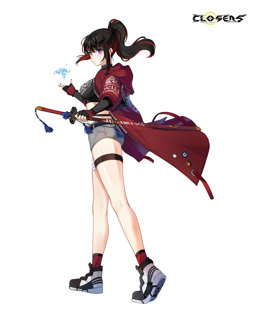 1girl bai_winchester bandaged_leg bandages bare_legs belt black_gloves black_hair black_shirt breasts closers crop_top elbow_gloves fingerless_gloves gloves grey_shorts heterochromia high_ponytail highres holding holding_sword holding_weapon hood hood_down hooded_jacket ice jacket katana large_breasts long_hair looking_at_viewer magic midriff multicolored_hair official_art open_clothes open_jacket pink_eyes ponytail red_jacket red_legwear sheath sheathed shirt shoes short_shorts shorts sidelocks sneakers socks solo standing streaked_hair sword tassel thigh_strap thighs turtleneck two-tone_hair violet_eyes weapon