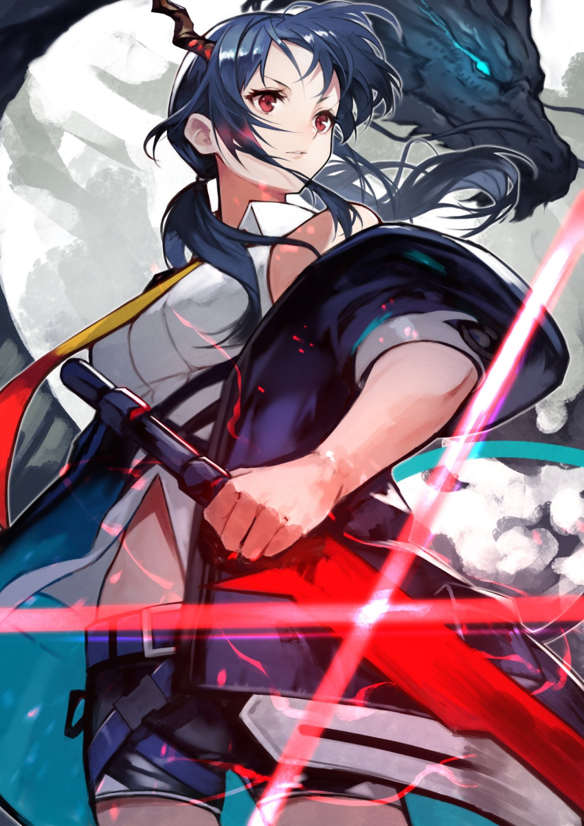 1girl 55level arknights black_jacket black_shorts blue_hair ch'en_(arknights) collared_shirt cowboy_shot dragon dragon_horns highres holding holding_sword holding_weapon horns jacket long_hair long_sleeves low_twintails multicolored_neckwear necktie open_clothes open_jacket red_eyes shirt short_shorts shorts sleeveless sleeveless_shirt solo standing sword twintails weapon white_shirt yellow_neckwear
