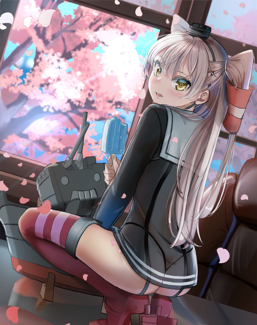 1girl absurdres amatsukaze_(kantai_collection) ass bangs black_dress blush cherry_blossoms commentary_request day dress food hair_tubes highres holding indoors kantai_collection kotoba_suzu long_hair long_sleeves open_mouth petals popsicle red_legwear rensouhou-kun sailor_collar sailor_dress see-through silver_hair squatting strap striped tree two_side_up window yellow_eyes
