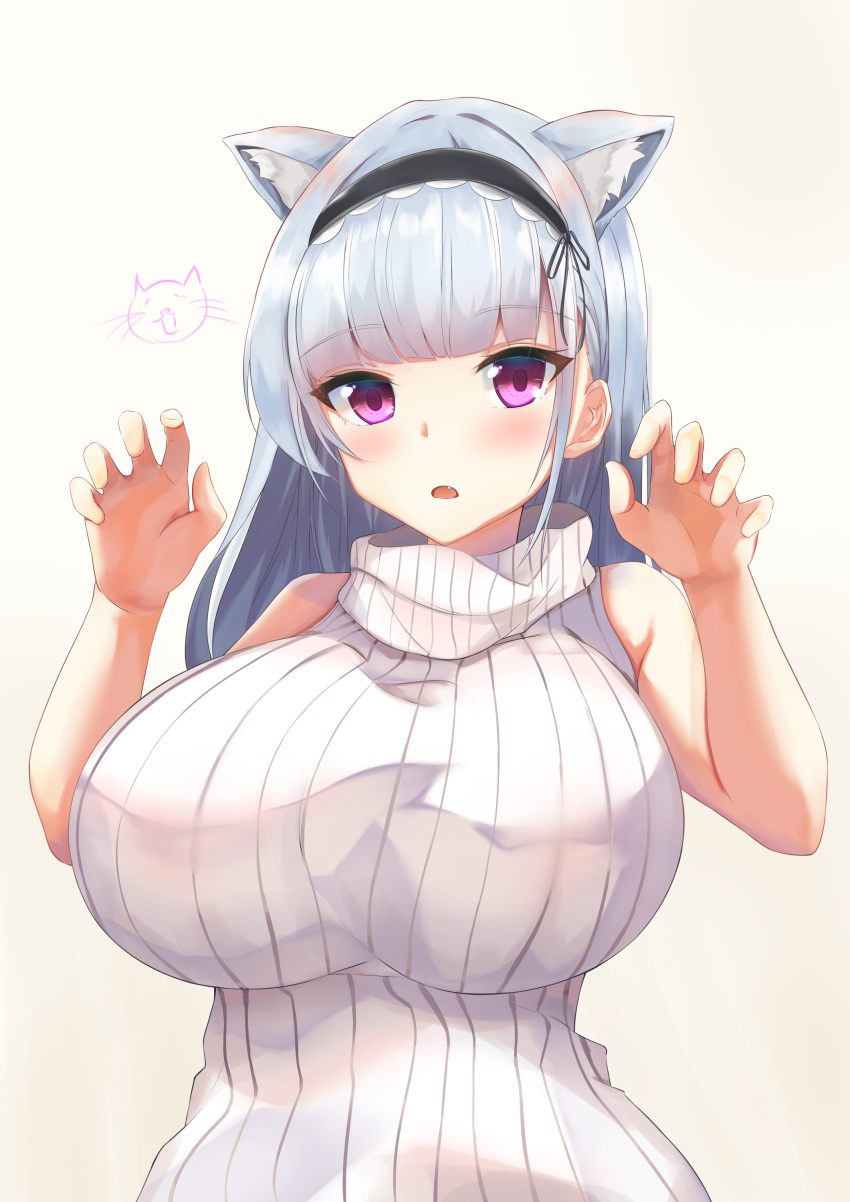1girl absurdres animal_ears azur_lane blush breasts dido_(azur_lane) eyebrows_visible_through_hair hair_ornament hairband highres huge_breasts kanno_esuto large_breasts long_hair looking_at_viewer open_mouth paw_pose ribbed_sweater silver_hair sleeveless_sweater solo sweater teeth violet_eyes white_sweater