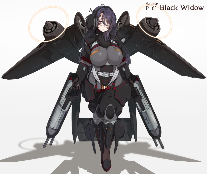 1girl absurdres aircraft airplane black_bodysuit black_hair bodysuit breasts character_name commentary_request full_body headgear highres impossible_clothes large_breasts long_hair machinery mecha_musume military military_vehicle original p-61_black_widow personification pilot_suit propeller red_eyes ryuun_(stiil) solo standing