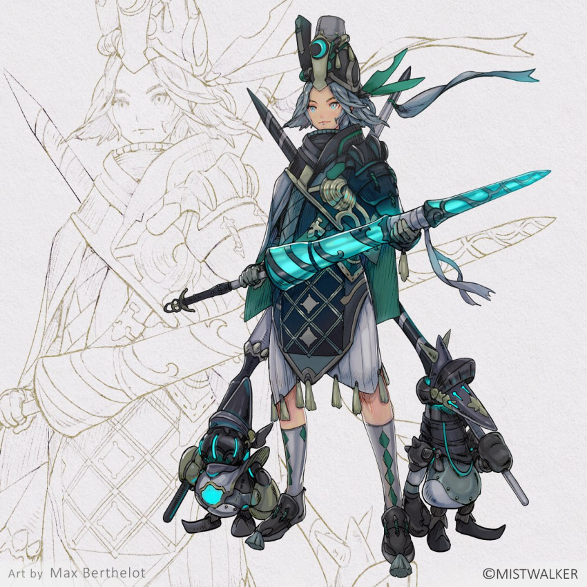 1boy 2others armor blue_eyes gauntlets gloves glowing grey_gloves grey_hair helmet highres holding holding_lance holding_weapon lance makushiro multiple_others over_shoulder pauldrons polearm sketch standing terra_battle weapon weapon_on_back weapon_over_shoulder