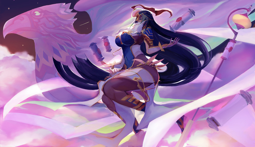 1girl arm_wrap bandaged_arm bandages bangs bird black_hair blue_armor bracelet breastplate breasts bridal_gauntlets circlet covered_navel dark_skin eagle fate/grand_order fate_(series) feathers forehead_jewel green_eyes hat highres jewelry large_breasts legs long_hair mouth_veil pauldrons ring scheherazade_(fate/grand_order) scroll staff taitaip veil very_long_hair
