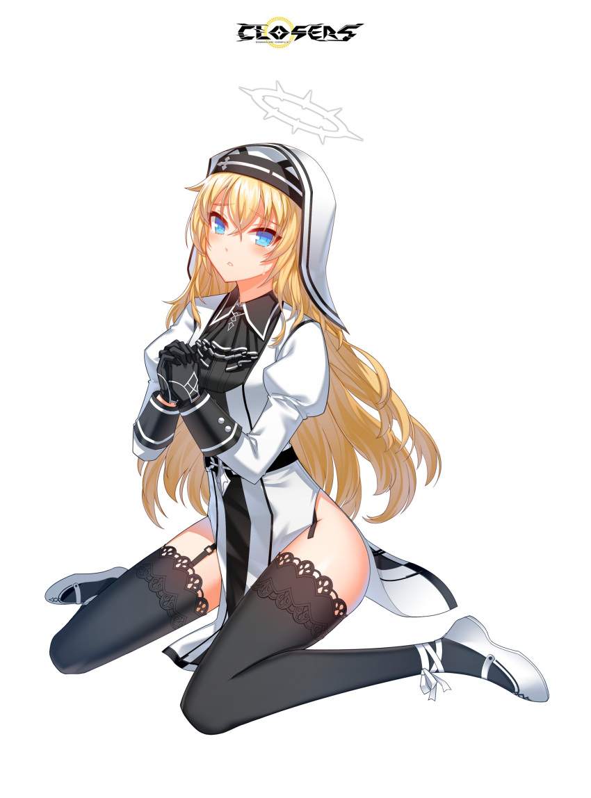 1girl absurdres alternate_color ascot black_gloves black_legwear blonde_hair blue_eyes closers dress garter_straps gloves habit halo hands_clasped highres juliet_sleeves long_hair long_sleeves looking_at_viewer mary_janes official_art own_hands_together parted_lips pelvic_curtain puffy_sleeves seulbi_lee shoes sitting solo tears thigh-highs thighs veil wariza white_dress white_footwear wing_collar