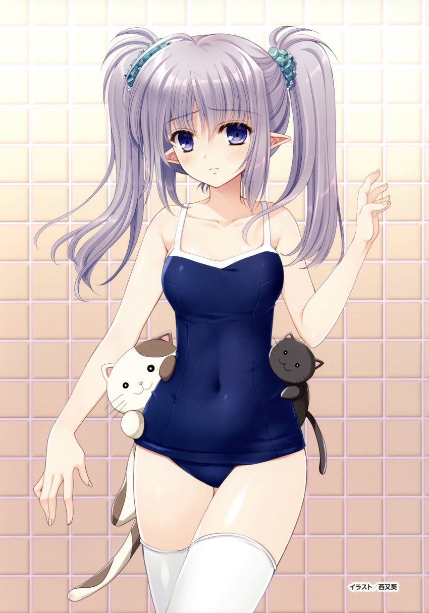 1girl absurdres bangs blue_eyes blue_swimsuit breasts cat closed_mouth collarbone covered_navel cowboy_shot eyebrows_visible_through_hair hair_between_eyes hair_ornament highres indoors long_hair looking_at_viewer medium_breasts nishimata_aoi old_school_swimsuit pointy_ears primula school_swimsuit shiny shiny_hair shuffle! silver_hair solo standing swimsuit thigh-highs thigh_gap twintails white_legwear