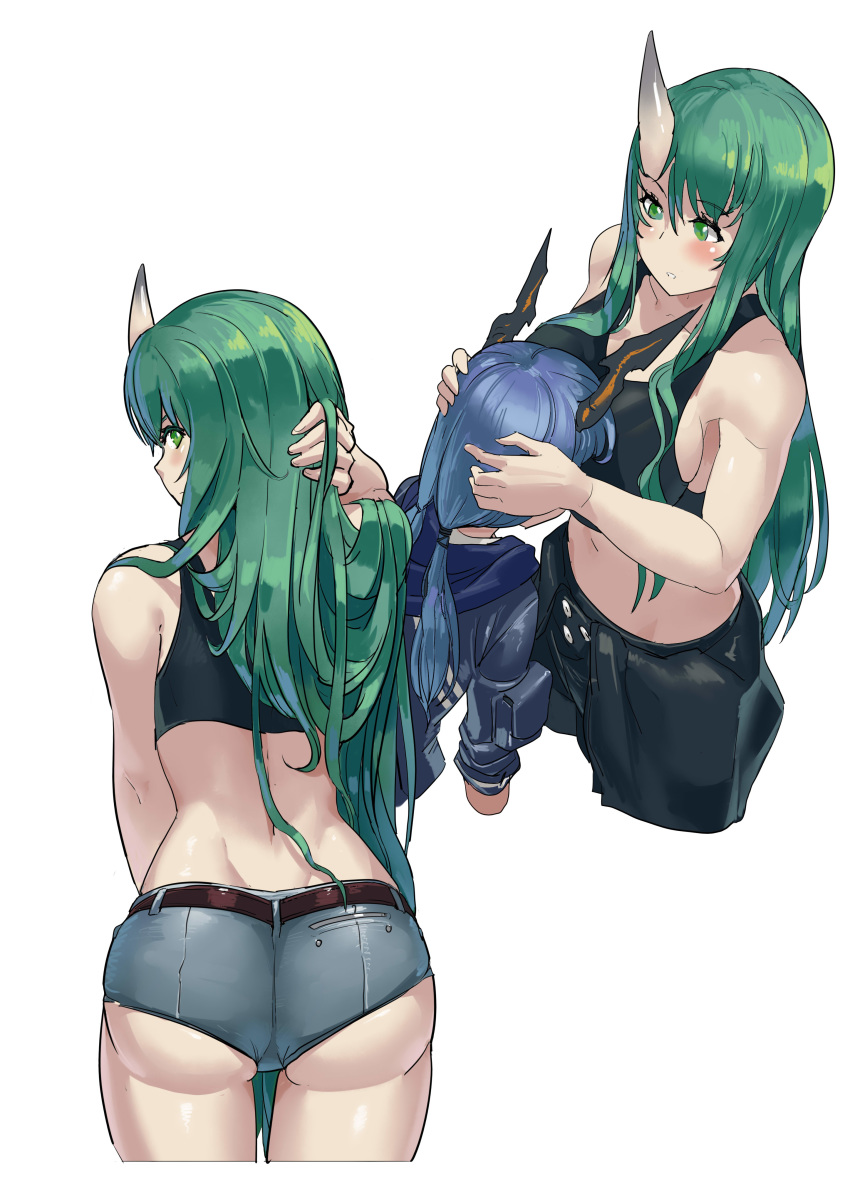 2girls absurdres arknights ass bangs bare_arms bare_shoulders black_pants blue_hair blush breast_smother breasts ch'en_(arknights) chinese_commentary commentary_request cowboy_shot cropped_legs dragon_horns eyebrows_visible_through_hair from_behind green_eyes green_hair grey_shorts hair_between_eyes highres horn horns hoshiguma_(arknights) large_breasts long_hair looking_at_viewer looking_back low_twintails midriff multiple_girls multiple_views navel pants shizuoxing_kof short_shorts shorts simple_background sports_bra standing thighs twintails white_background