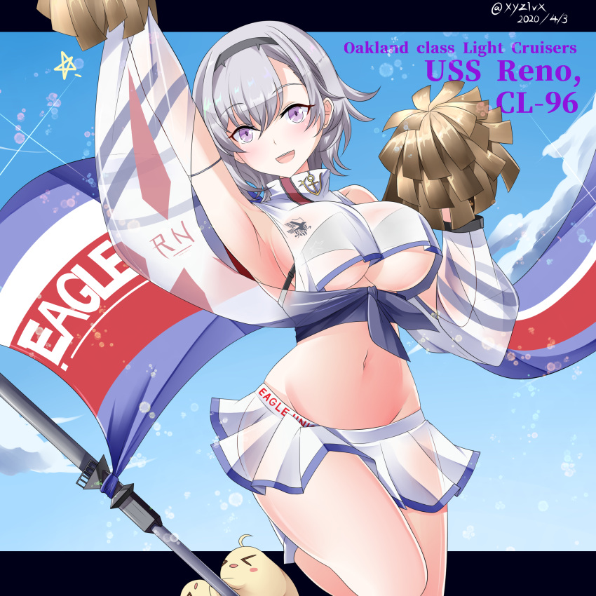 &gt;_&lt; 1girl :d absurdres anchor arm_strap arm_up armpits azur_lane bangs bare_legs bare_shoulders bird black_bikini_top black_hairband blue_sky breasts character_name cheerleader chick clouds commentary_request cowboy_shot crop_top dated eagle_union_(emblem)_(azur_lane) eyebrows_visible_through_hair flag grey_hair groin hair_between_eyes hairband hands_up hebitsukai-san highres holding_pom_poms large_breasts lens_flare letterboxed looking_at_viewer manjuu_(azur_lane) midriff miniskirt navel open_mouth pom_poms purple_sash reno_(azur_lane) reno_(biggest_little_cheerleader)_(azur_lane) see-through see-through_sleeves sheer_clothes shirt short_hair sidelocks simple_background skirt sky sleeveless smile solo standing standing_on_one_leg star twitter_username under_boob violet_eyes waving_flag