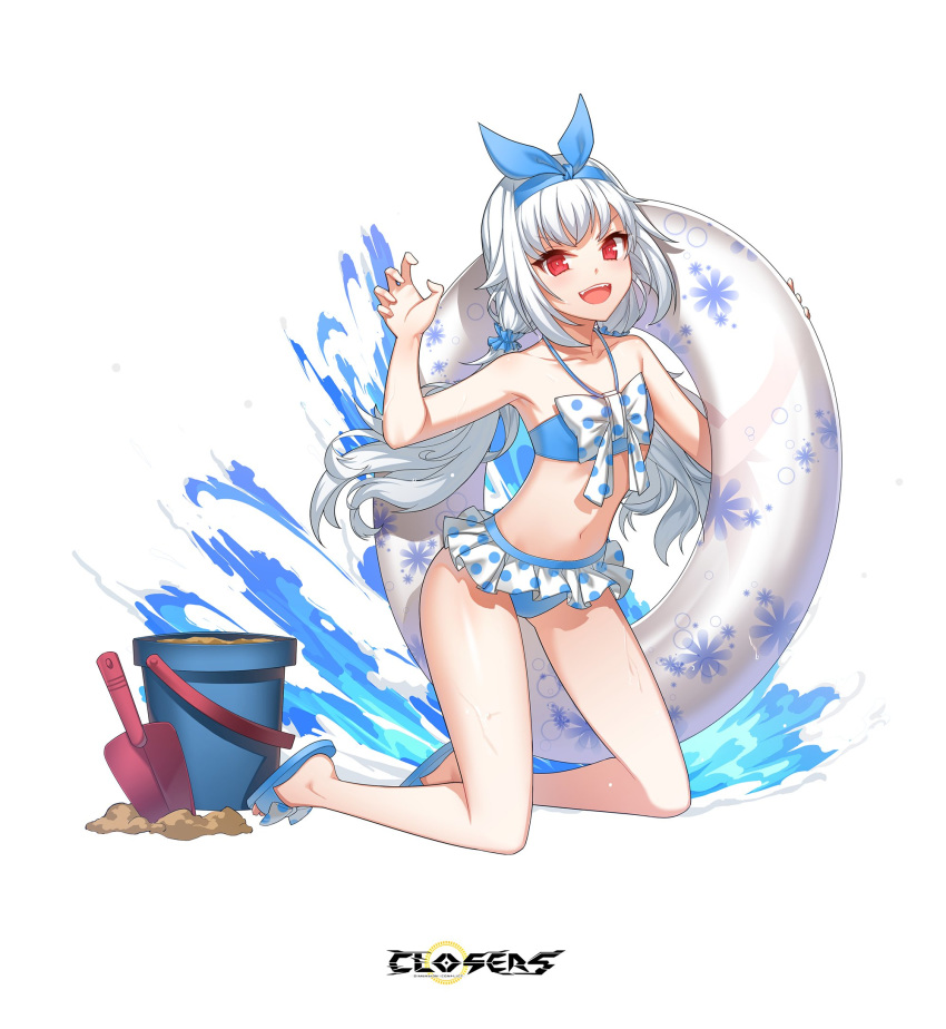 1girl :d arm_up armpits bare_arms bare_legs bare_shoulders bikini bikini_skirt blue_bikini bow bucket claw_pose closers collarbone fangs flat_chest floral_print hair_ornament hair_scrunchie hairband halter_top halterneck highres innertube kneeling long_hair looking_at_viewer low_twintails navel official_art open_mouth polka_dot red_eyes sand sandals scrunchie seth_(closers) shovel smile solo stomach swimsuit thighs twintails v-shaped_eyebrows very_long_hair water wet white_bow white_hair