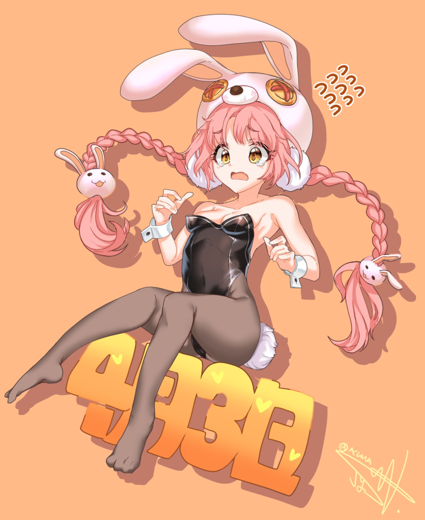 1girl acuma akane_mimi animal_hat black_legwear black_leotard braid breasts bunny_hair_ornament bunny_hat bunny_tail bunnysuit dated flying_sweatdrops hair_ornament hat highres leotard long_hair low_twintails orange_background pantyhose pink_hair princess_connect! princess_connect!_re:dive simple_background sitting small_breasts solo strapless strapless_leotard tail twin_braids twintails wrist_cuffs yellow_eyes