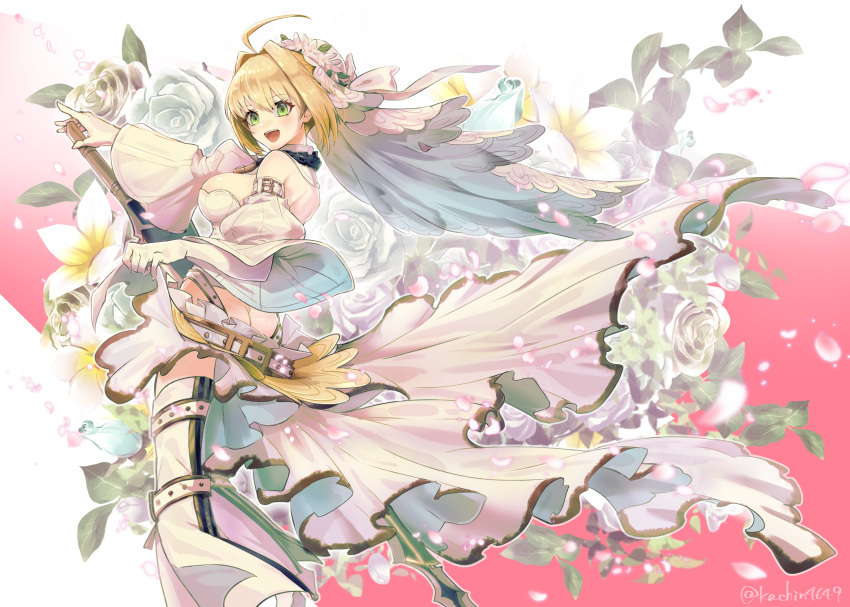 1girl absurdres aestus_estus ass belt blonde_hair bridal_veil butt_crack chain detached_sleeves fate/extra fate/extra_ccc fate/grand_order fate_(series) flower flower_wreath gloves green_eyes hair_intakes head_wreath highres kachin leotard lock loose_belt nero_claudius_(bride)_(fate) nero_claudius_(fate)_(all) padlock padlocked_collar puffy_detached_sleeves puffy_sleeves rose showgirl_skirt solo veil white_flower white_gloves white_leotard white_rose white_sleeves zipper_pull_tab