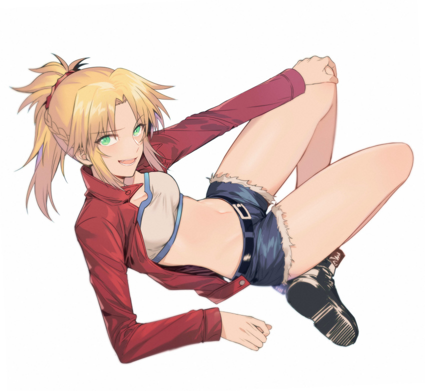 1girl absurdres arm_support bandeau blonde_hair boots breasts denim denim_shorts fate/apocrypha fate_(series) green_eyes groin hand_on_own_knee highres jacket looking_at_viewer mordred_(fate) mordred_(fate)_(all) navel ponytail reclining red_jacket red_scrunchie scrunchie shorts small_breasts smile solo white_background yorukun