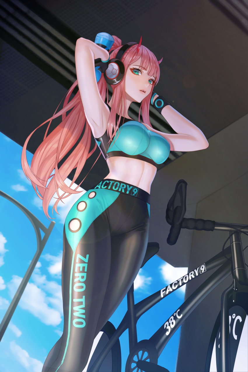 1girl abs absurdres alternate_costume armpits bicycle breasts character_name clouds cloudy_sky commentary darling_in_the_franxx dumbbell eyebrows_visible_through_hair fangs fintowing flat_tire green_eyes ground_vehicle headphones highres huge_filesize leggings midriff open_mouth pants pink_hair ponytail red_horns red_sclera sky solo sports_bra sportswear straight_hair sweatband wristband zero_two_(darling_in_the_franxx)