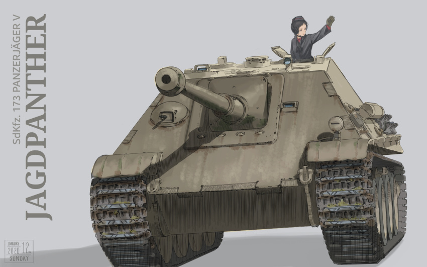 1girl arm_up bangs black_gloves black_headwear brown_hair commentary dated garrison_cap german_commentary german_text girls_und_panzer gloves grey_background ground_vehicle hat headphones highres jacket jagdpanther kojima_emi kuromorimine_military_uniform long_sleeves looking_to_the_side military military_hat military_uniform military_vehicle motor_vehicle shadow short_hair simple_background solo tank tank_focus throat_microphone uniform useless very_short_hair