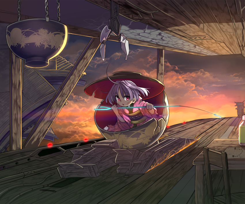 1girl ahoge bottle bowl bowl_hat catapult chain chair clouds commentary_request cracked fishing_hook hat highres in_bowl in_container map obi purple_hair red_eyes red_sky sash shope sky solo sukuna_shinmyoumaru table torn_clothes touhou