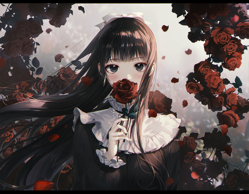 1girl black_hair blush bow covering_mouth daby eyebrows_visible_through_hair flower hair_bow holding holding_flower long_hair long_sleeves looking_at_viewer original red_flower red_rose rose solo very_long_hair white_bow