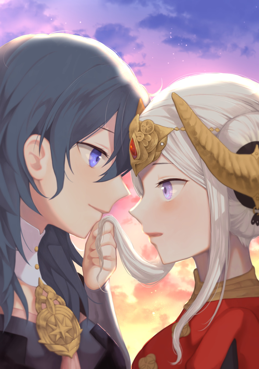 2girls black_hair blue_eyes blush byleth_(fire_emblem) byleth_eisner_(female) closed_mouth clouds edelgard_von_hresvelg fire_emblem fire_emblem:_three_houses from_side fukuroumori gradient_sky headpiece highres holding_another's_hair horns long_hair looking_at_another multiple_girls outdoors parted_lips profile sidelocks silver_hair sky smile star_(sky) tied_hair upper_body violet_eyes yuri