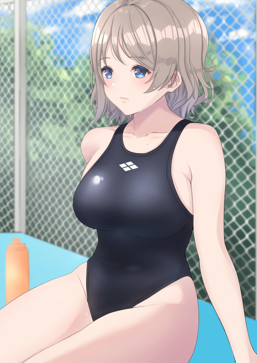 1girl absurdres arhah black_swimsuit blue_eyes bottle breasts chain-link_fence commentary_request competition_swimsuit cowboy_shot day fence grey_hair highres large_breasts logo looking_to_the_side love_live! love_live!_sunshine!! one-piece_swimsuit outdoors short_hair sitting solo swimsuit watanabe_you water_bottle wet