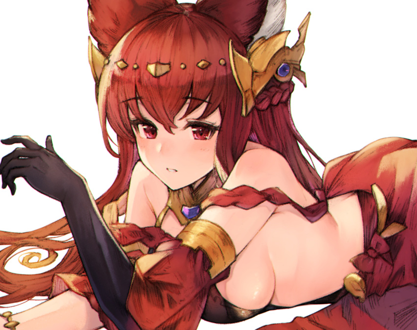 1girl animal_ears anthuria bangs bare_shoulders black_gloves blush breasts detached_sleeves dress elbow_gloves erune eyebrows_visible_through_hair gloves granblue_fantasy hair_between_eyes hair_ornament koretsuki_azuma large_breasts long_hair looking_at_viewer lying on_stomach red_dress red_eyes redhead sideboob simple_background single_elbow_glove solo white_background