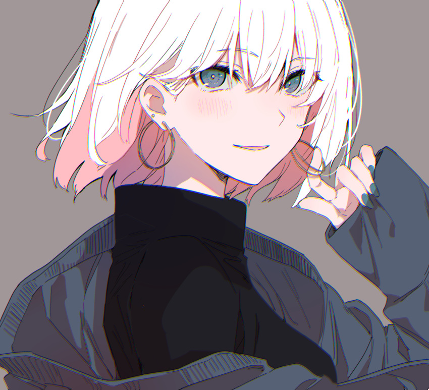 1girl blue_eyes blue_nails bob_cut chromatic_aberration colored_inner_hair earrings highres jewelry looking_at_viewer monsieur multicolored_hair original parted_lips pink_hair short_hair smile solo turtleneck upper_body white_hair