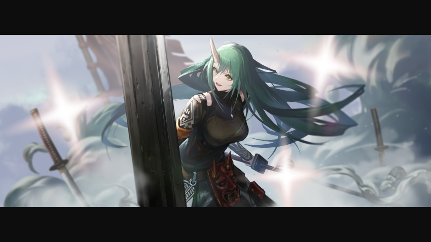 1girl :d absurdres arknights bangs bare_shoulders black_shirt breasts commentary cowboy_shot flag gh_(chen_ghh) green_hair hair_between_eyes highres holding holding_sword holding_weapon horn hoshiguma_(arknights) jewelry katana large_breasts letterboxed long_hair magatama magatama_necklace mask necklace oni_mask open_mouth planted_sword planted_weapon shield shirt smile solo sword very_long_hair weapon yellow_eyes