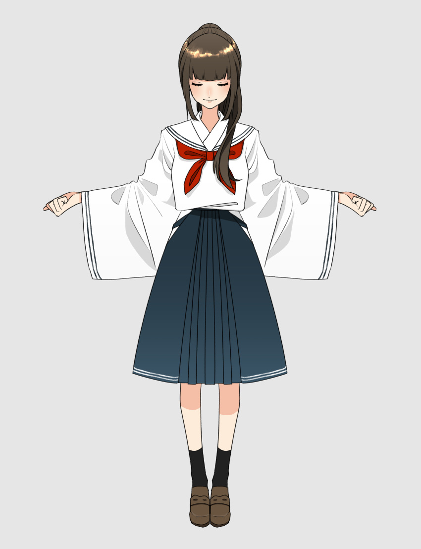 1girl absurdres bangs black_legwear blunt_bangs brown_footwear brown_hair closed_eyes closed_mouth facing_viewer full_body furisode grey_background hair_over_shoulder hanatsuki highres hip_vent japanese_clothes kimono loafers long_hair long_sleeves neckerchief original outstretched_arms pleated_skirt ponytail red_neckwear school_uniform serafuku shirt shoes sidelocks simple_background skirt smile socks solo standing white_shirt wide_sleeves