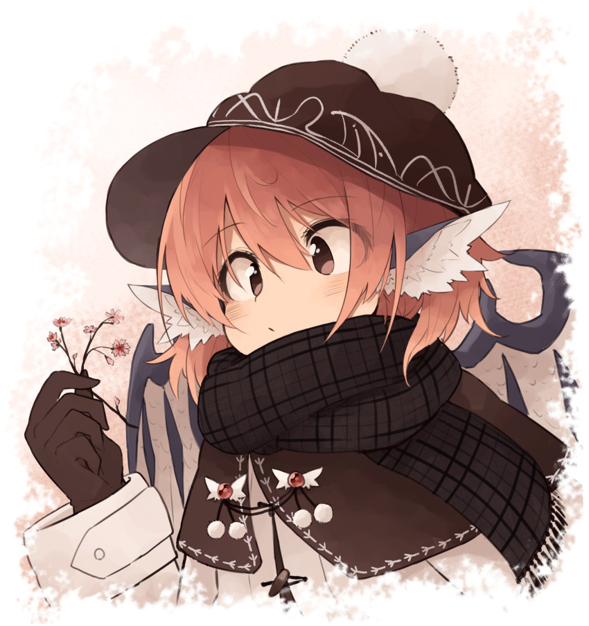 1girl alternate_costume animal_ears beanie bird_wings black_gloves black_scarf blush brown_eyes brown_headwear coat commentary_request contemporary flower gloves hat highres holding holding_flower kaginoni medium_hair mystia_lorelei redhead scarf solo touhou upper_body white_coat wings winter_clothes winter_coat