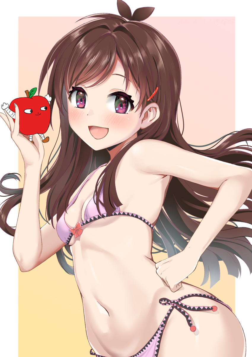 1girl :d absurdres apple bangs bikini blush bow bow_bikini breasts brown_hair food fruit grey_nails hair_ornament hairclip highres idolmaster idolmaster_cinderella_girls long_hair looking_at_viewer mokyutan navel open_mouth purple_bikini red_bow side-tie_bikini simple_background small_breasts smile swimsuit tsujino_akari violet_eyes