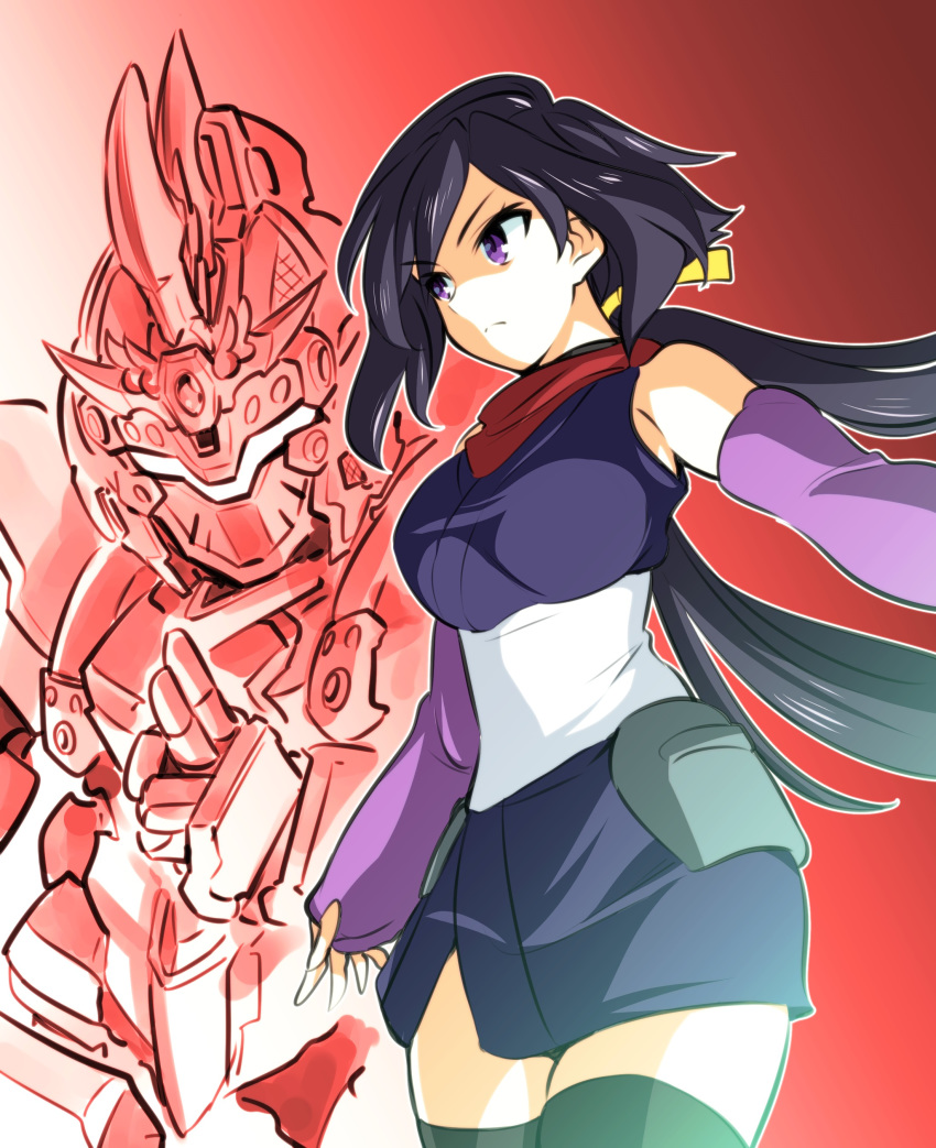 1girl absurdres ayame_(gundam_build_divers) black_hair breasts dress gundam gundam_build_divers highres ishiyumi japanese_clothes large_breasts long_hair mecha ninja obi red_scarf rx-zeromaru sash scarf sleeves split_ponytail strapless strapless_dress thigh-highs thighs tied_hair very_long_hair violet_eyes