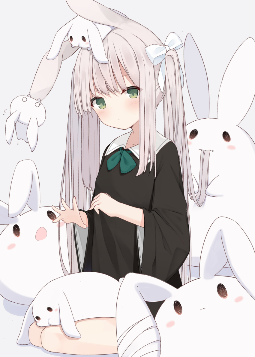 1girl absurdres animal animal_ears animal_on_head black_dress bow brown_eyes closed_mouth collared_dress commentary dress eating_hair green_bow green_eyes grey_background grey_hair hair_bow highres long_hair long_sleeves looking_at_viewer mm2k on_head open_mouth original rabbit rabbit_ears sitting solo twintails very_long_hair white_bow wide_sleeves