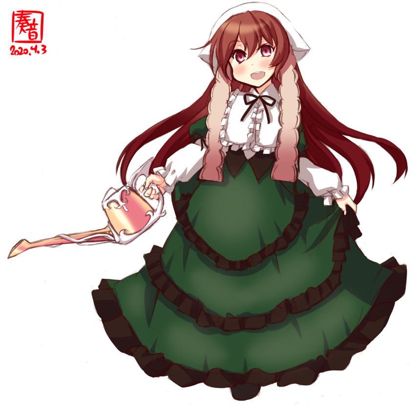 1girl artist_logo brown_eyes brown_hair commentary_request cosplay dated dress feet_out_of_frame frilled_dress frills green_dress highres kanon_(kurogane_knights) kantai_collection kisaragi_(kantai_collection) long_hair look-alike looking_at_viewer open_mouth round_teeth rozen_maiden simple_background smile solo suiseiseki suiseiseki_(cosplay) teeth upper_teeth watering_can white_background