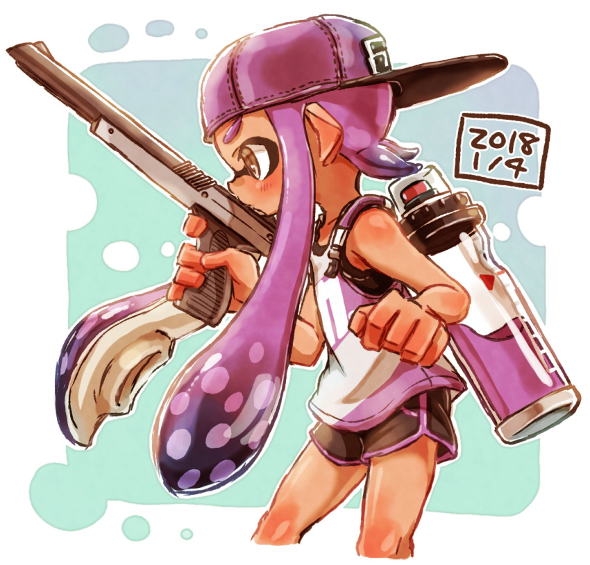 1girl backwards_hat bangs baseball_cap black_shorts blunt_bangs brown_eyes commentary_request cropped_legs dated domino_mask from_side gym_shorts harutarou_(orion_3boshi) hat highres holding holding_weapon ink_tank_(splatoon) inkling long_hair mask n-zap_(splatoon) pointy_ears purple_hair purple_headwear purple_shirt shirt short_shorts shorts solo splatoon_(series) splatoon_2 standing tan tank_top tentacle_hair weapon