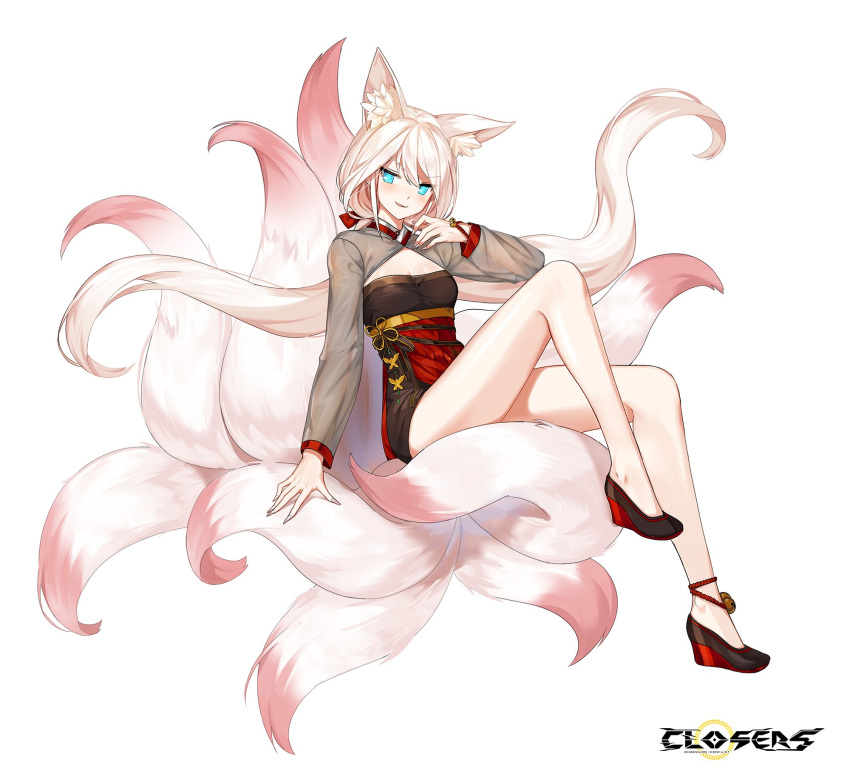 1girl animal_ear_fluff animal_ears bare_legs black_dress blue_eyes closers dress fox_ears fox_tail full_body high_heels highres knee_up kumiho long_hair long_sleeves looking_at_viewer low_twintails multiple_tails official_art see-through_sleeves seulbi_lee smile smirk solo tail thighs tongue tongue_out twintails v-shaped_eyebrows very_long_hair wedge_heels white_hair