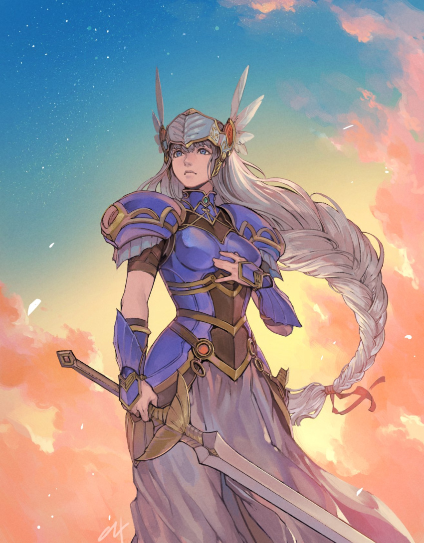 1girl armor armored_dress aureolin31 blue_armor blue_eyes blue_sky braid closed_mouth clouds cloudy_sky commentary dress feathers gauntlets gradient_sky grey_headwear hair_ribbon hand_on_own_chest helmet highres holding holding_sword holding_weapon lenneth_valkyrie long_dress long_hair orange_sky pauldrons red_ribbon ribbon silver_hair sky solo standing star_(sky) starry_sky sword valkyrie valkyrie_profile very_long_hair weapon winged_helmet