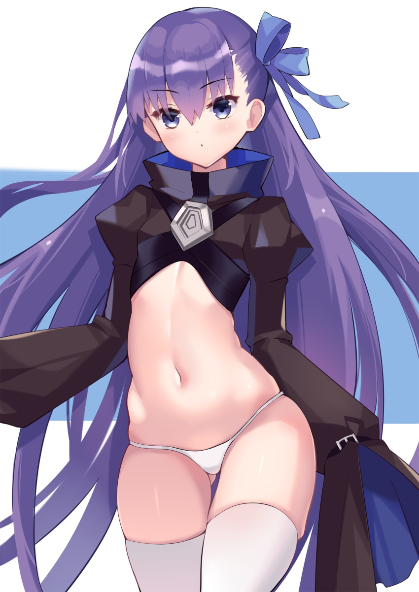 1girl absurdres blue_ribbon commentary_request eol_9 eyebrows_visible_through_hair fate/extra fate/extra_ccc fate_(series) hair_between_eyes hair_ribbon highres long_hair long_sleeves looking_at_viewer meltryllis navel panties purple_hair ribbon sleeves_past_fingers sleeves_past_wrists solo standing stomach thigh-highs underwear very_long_hair white_legwear white_panties