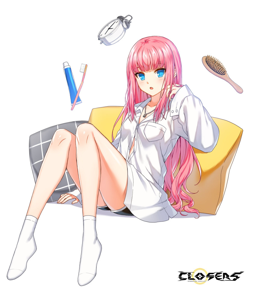 1girl :o alarm_clock bare_legs black_shorts blue_eyes breast_pocket clock closers collarbone collared_shirt full_body hair_brush hand_up highres jewelry knees_up long_hair long_sleeves looking_at_viewer necklace official_art open_mouth partially_unbuttoned pillow pink_hair pocket seulbi_lee shirt short_shorts shorts sitting socks solo thighs toothbrush toothpaste very_long_hair white_legwear white_shirt