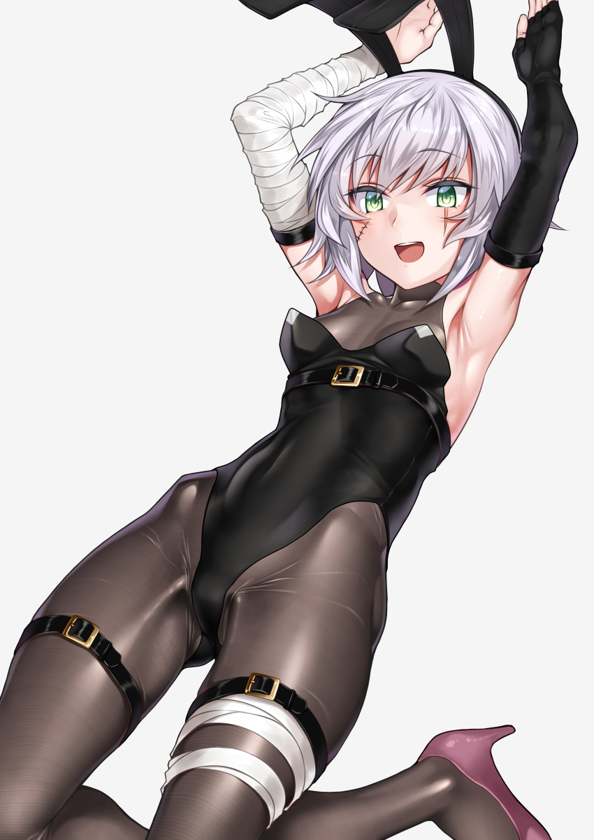 1girl absurdres animal_ears arm_belt armpits arms_up bandaged_arm bandages bangs bare_shoulders black_gloves black_legwear black_leotard blush breasts bunny_pose bunnysuit covered_navel elbow_gloves facial_scar fate/apocrypha fate_(series) fingerless_gloves gloves green_eyes high_heels highleg highleg_leotard highres jack_the_ripper_(fate/apocrypha) kneeling leotard looking_at_viewer open_mouth orochi_itto pantyhose purple_footwear rabbit_ears scar scar_across_eye scar_on_cheek short_hair simple_background single_elbow_glove single_glove small_breasts smile solo thigh_strap thighs white_hair