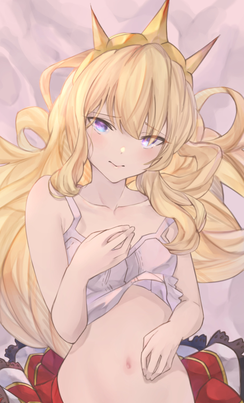 1girl bangs bare_shoulders betabeet blonde_hair blush breasts cagliostro_(granblue_fantasy) closed_mouth clothes_lift collarbone crown granblue_fantasy hand_on_own_chest highres long_hair looking_at_viewer lying navel on_back red_skirt skirt small_breasts solo violet_eyes white_camisole